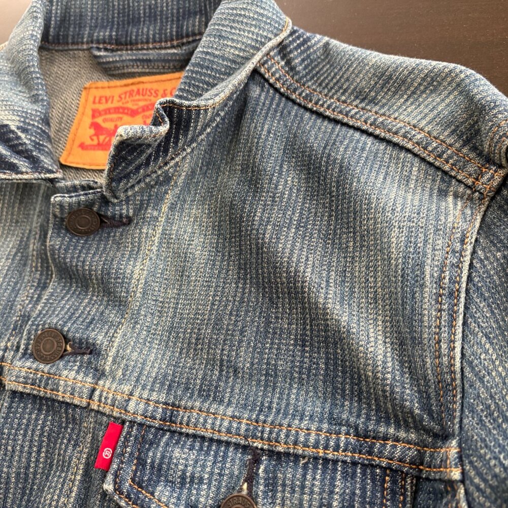 Mens Levi's Denim Trucker Biker Moto Punk Striped Jacket Size Medium - Picture 4 of 7
